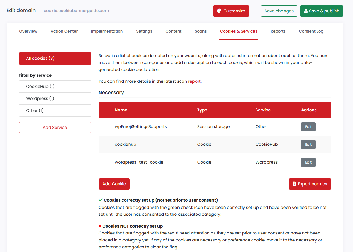 CookieHub Cookies and Services page showing cookies detected on a WordPress website