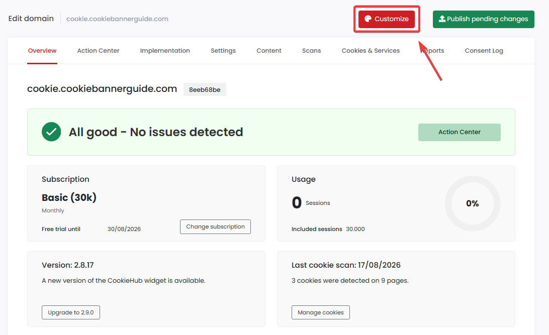 CookieHub domain dashboard with the Customize button highlighted