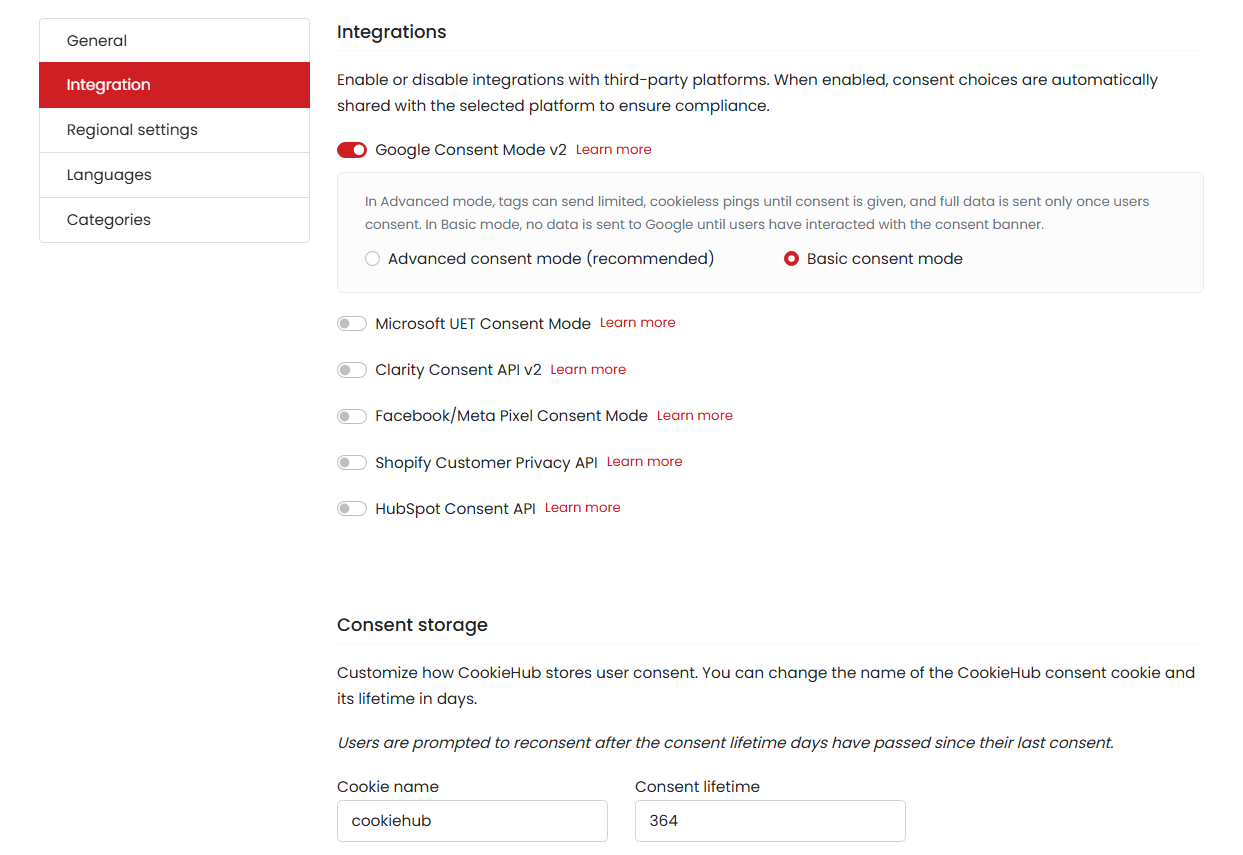 CookieHub integrations and Google Consent Mode v2 settings