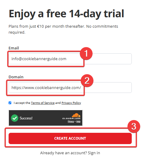 CookieHub account registration form with email, domain, and Create Account highlighted