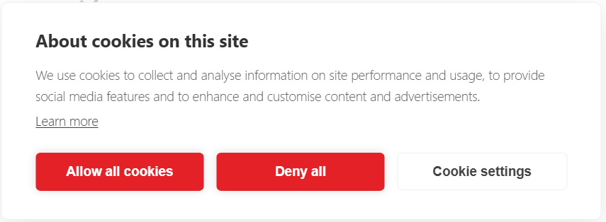 CookieHub cookie banner on WordPress with Allow all cookies, Deny all, and Cookie settings buttons