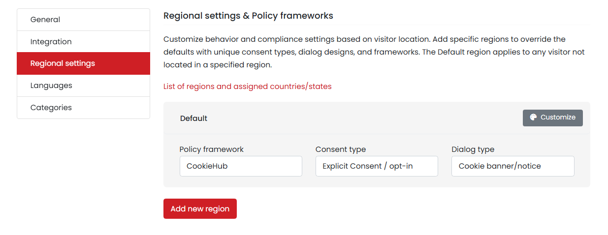 CookieHub regional settings with explicit consent and opt-in selected