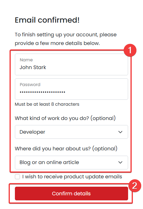CookieHub account details form with name, password, and Confirm details highlighted