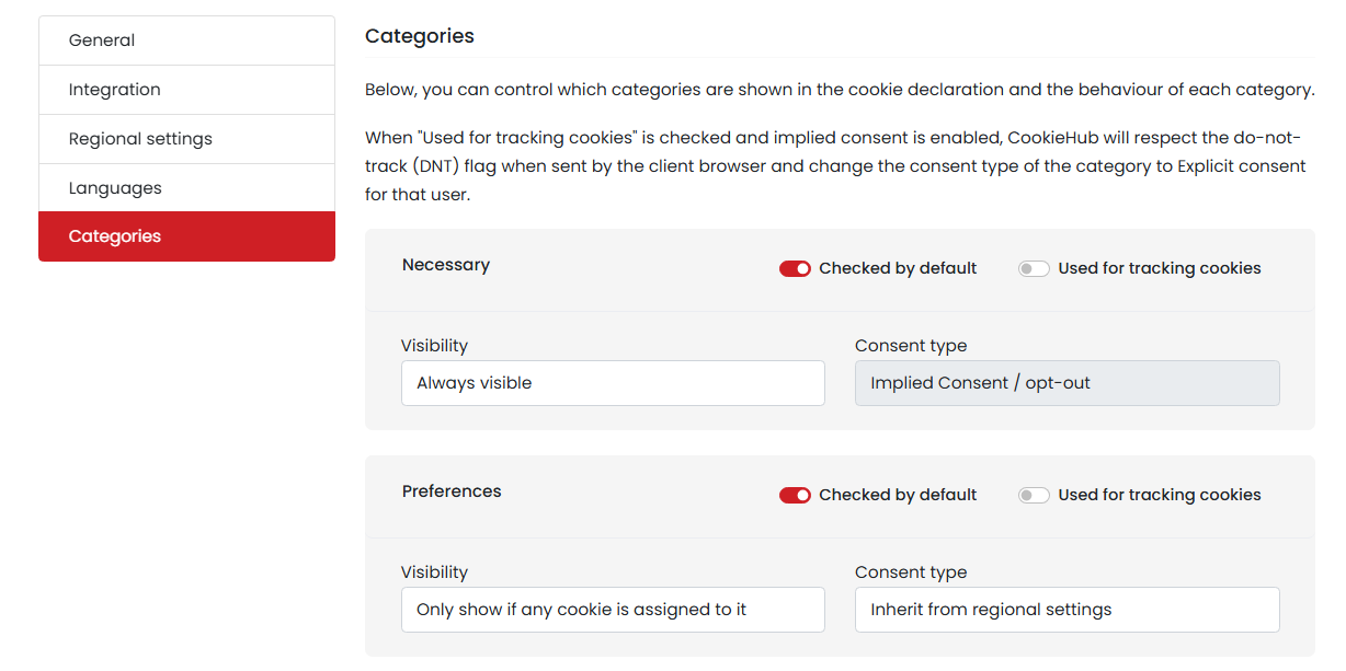CookieHub Necessary and Preferences cookie category settings