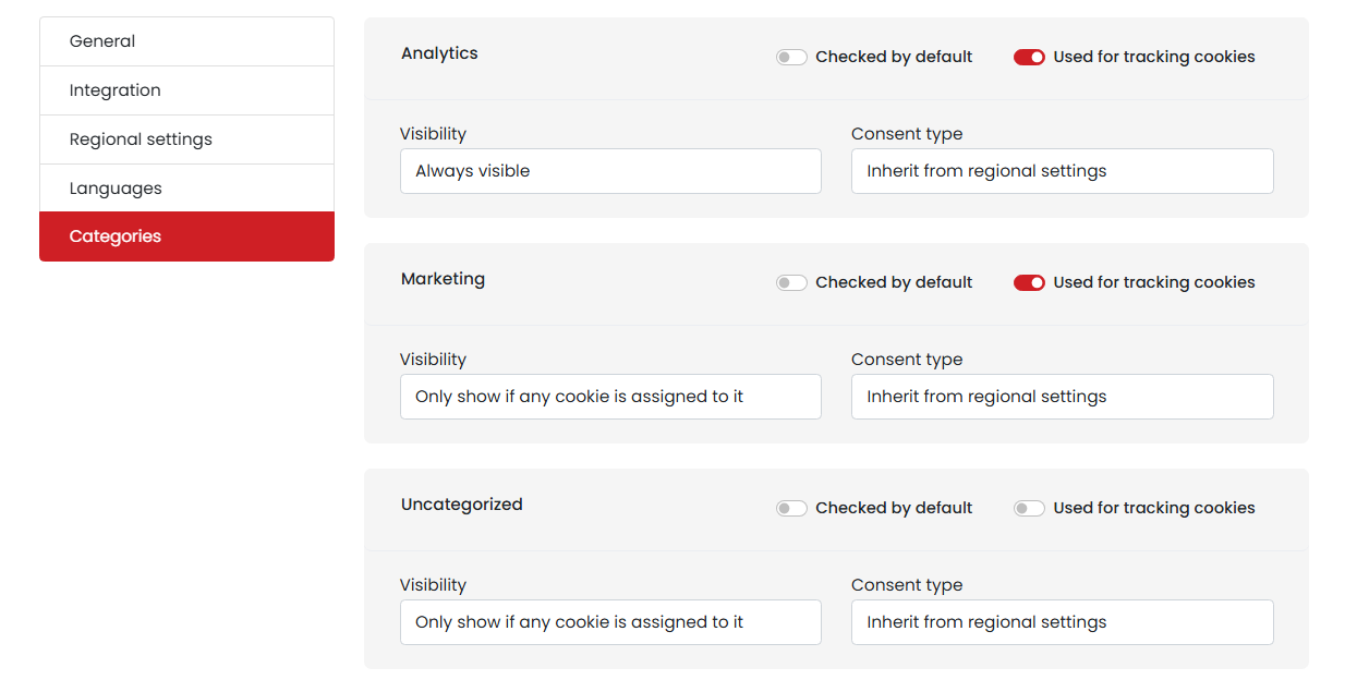CookieHub Analytics Marketing and Uncategorized category settings