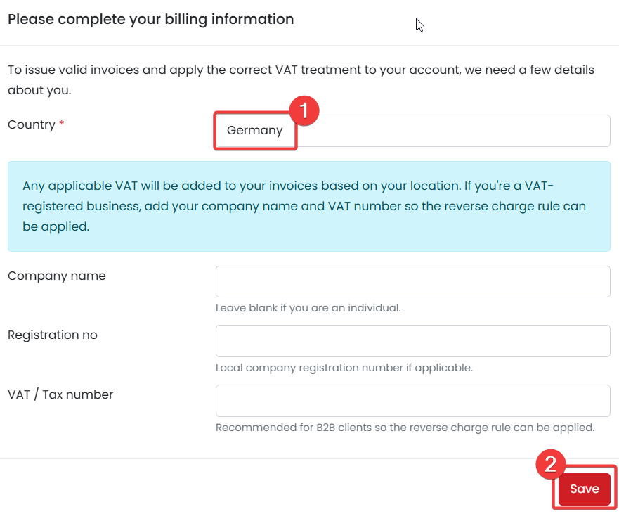 CookieHub billing information page with country selection and Save button highlighted