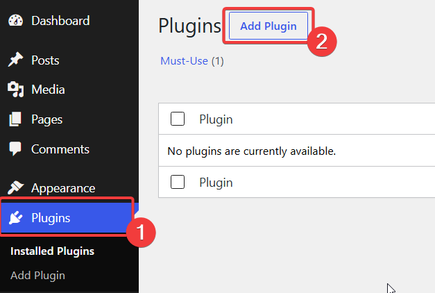 WordPress dashboard with Plugins and Add Plugin highlighted