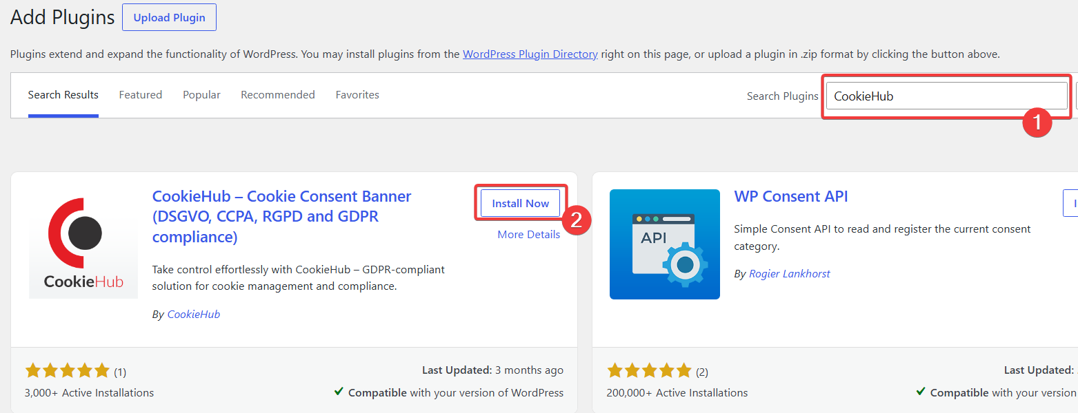 WordPress plugin search showing the official CookieHub plugin and Install Now button