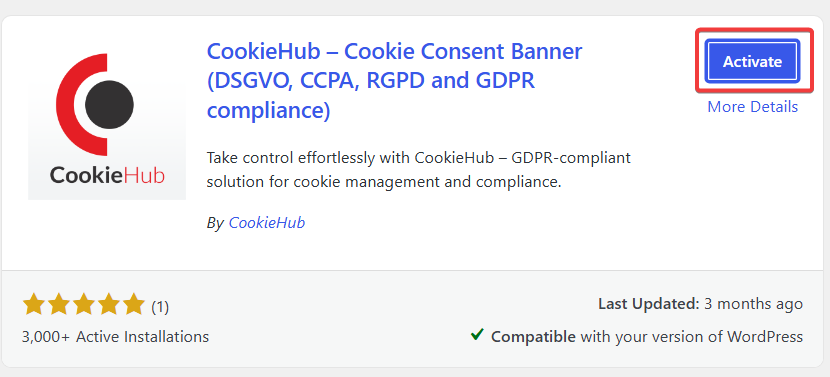 CookieHub WordPress plugin with the Activate button highlighted