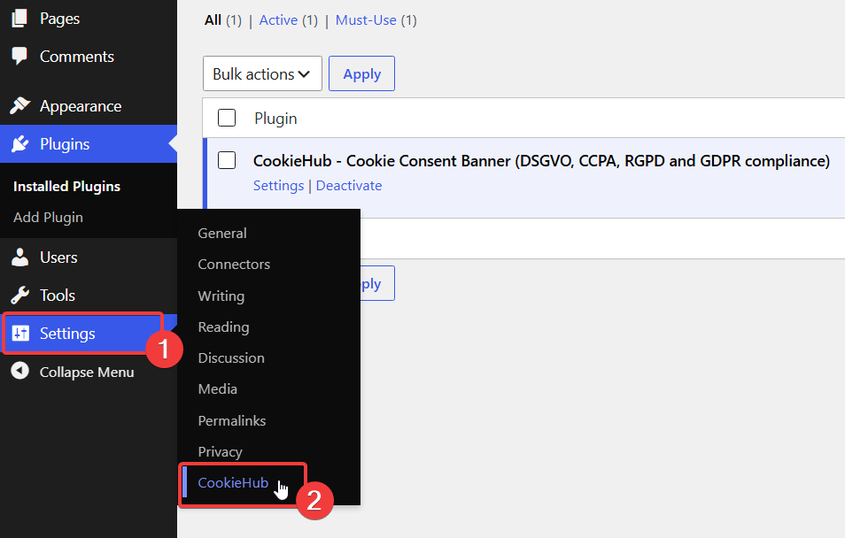 WordPress Settings menu with CookieHub highlighted