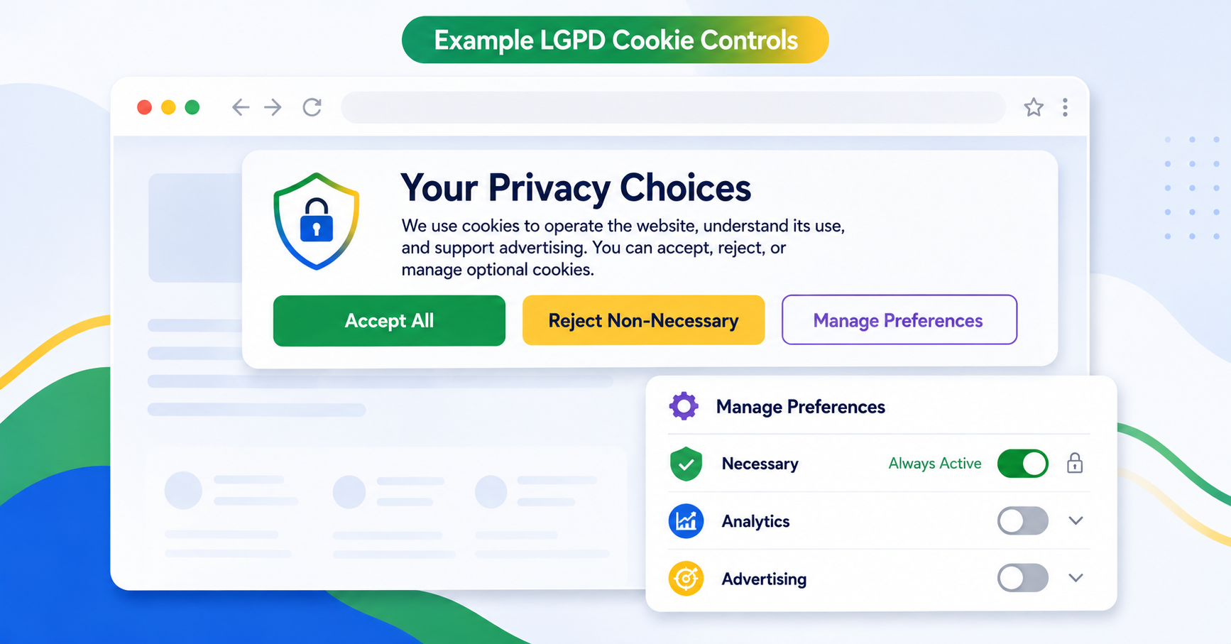 Example LGPD cookie banner with accept, reject, and preference controls