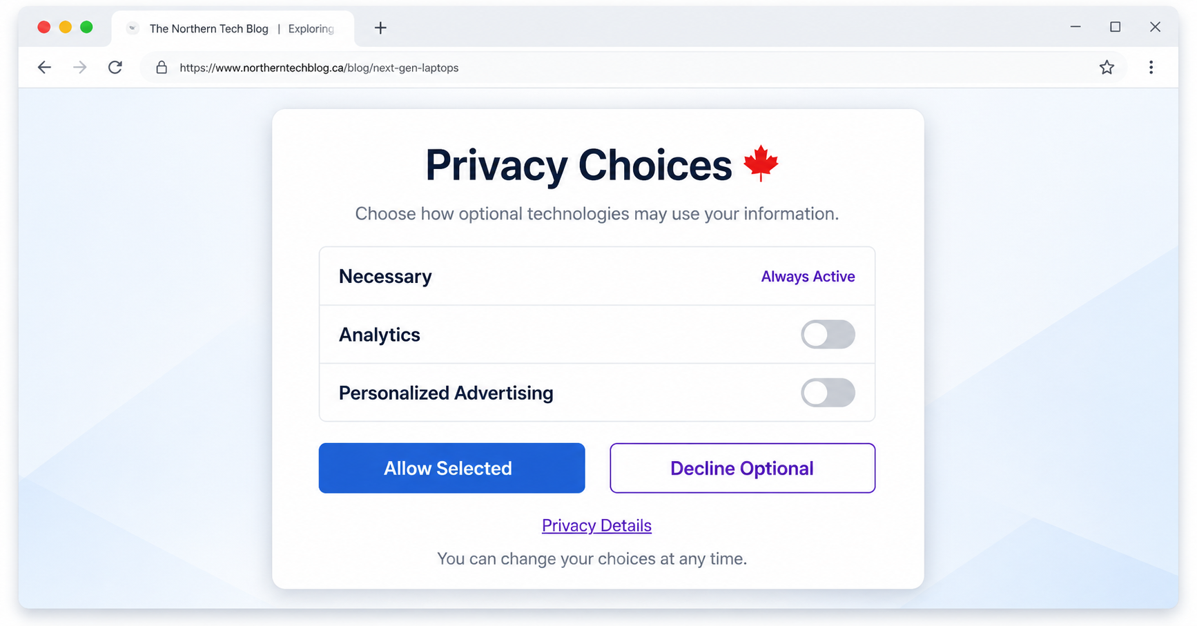 Example privacy choices interface for a Canadian website