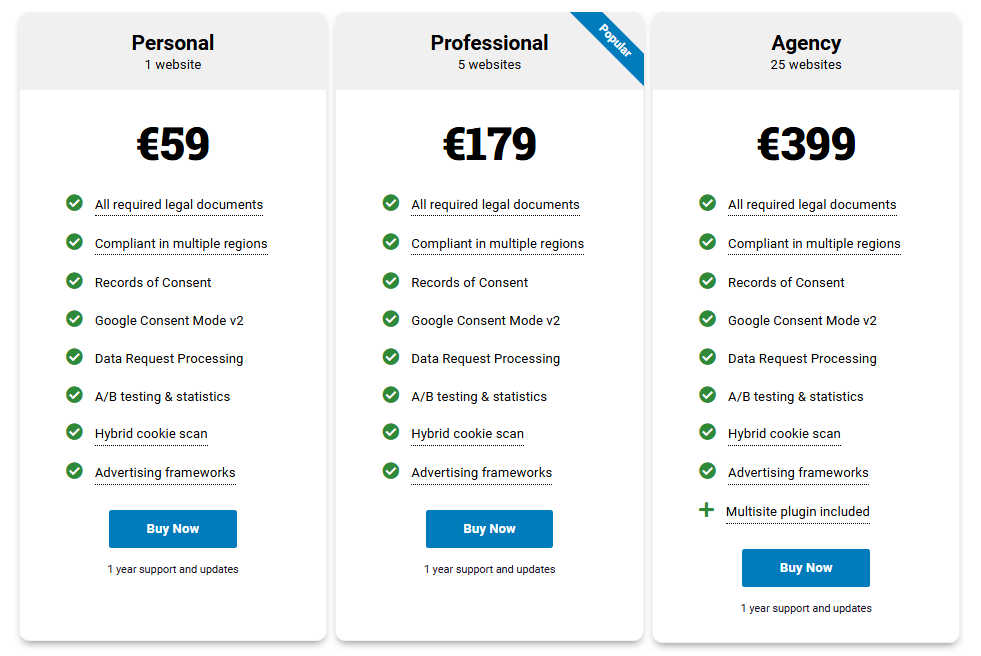 Complianz Personal Professional and Agency pricing plans with annual prices and website limits