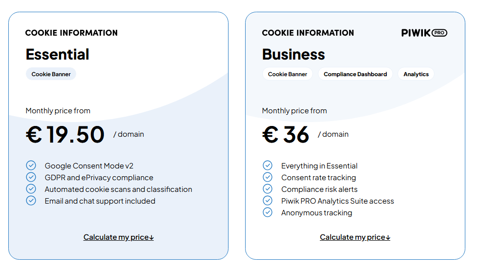 Cookie Information pricing showing Essential and Business consent management plans