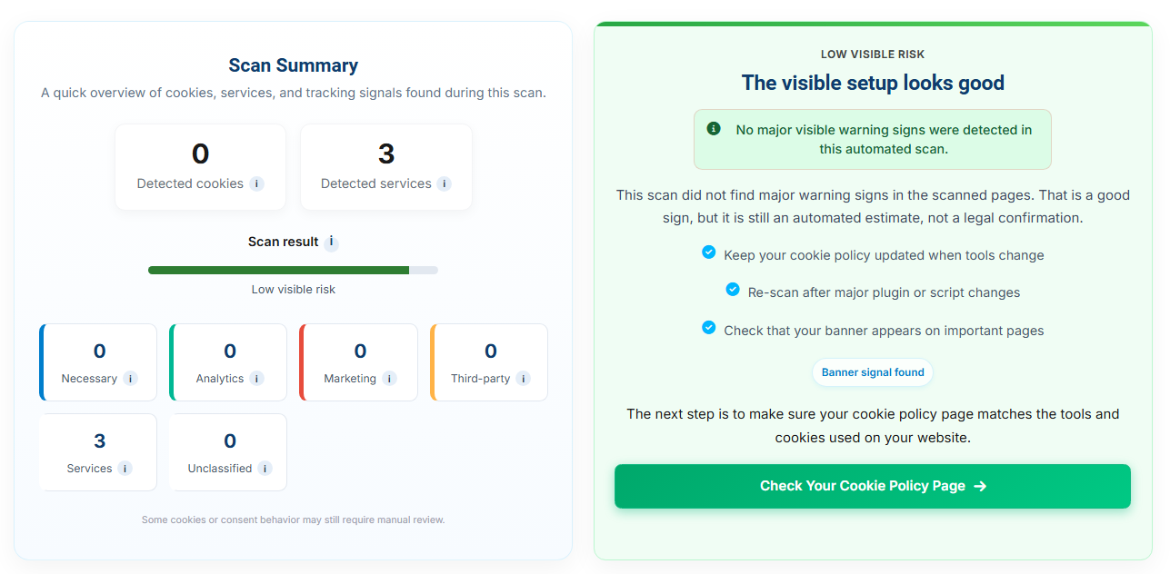 Example of a website cookie scanner displaying detected cookies and cookie categories.