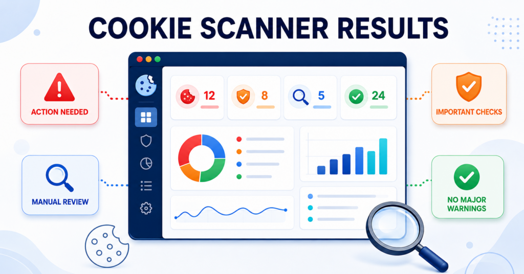 Cookie scanner dashboard showing red, orange, blue, and green result states