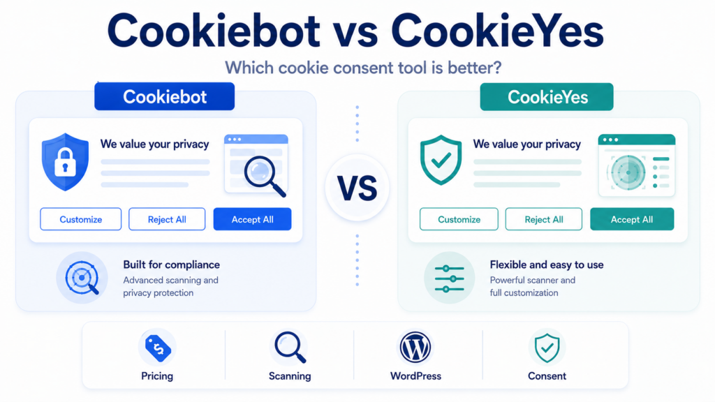Cookiebot vs CookieYes comparison of cookie consent tools