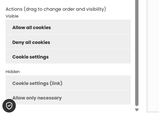 CookieHub banner actions with visible and hidden consent buttons