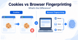 Illustration comparing browser cookies with browser fingerprinting.