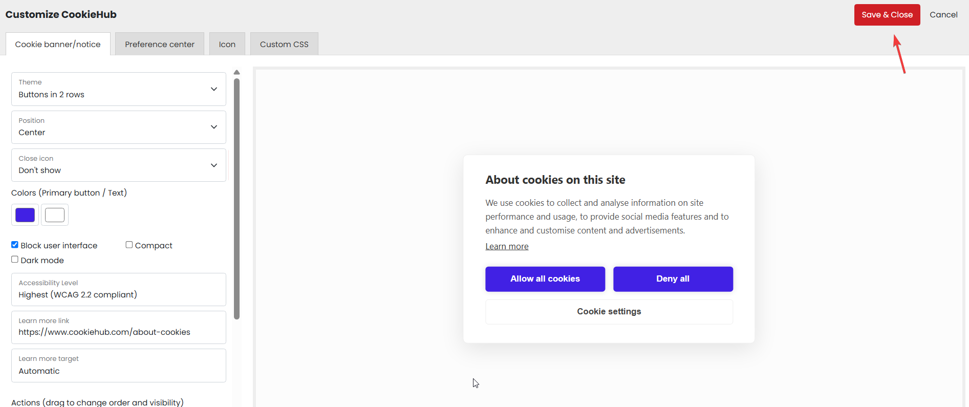 CookieHub banner editor with a two-row layout and purple consent buttons