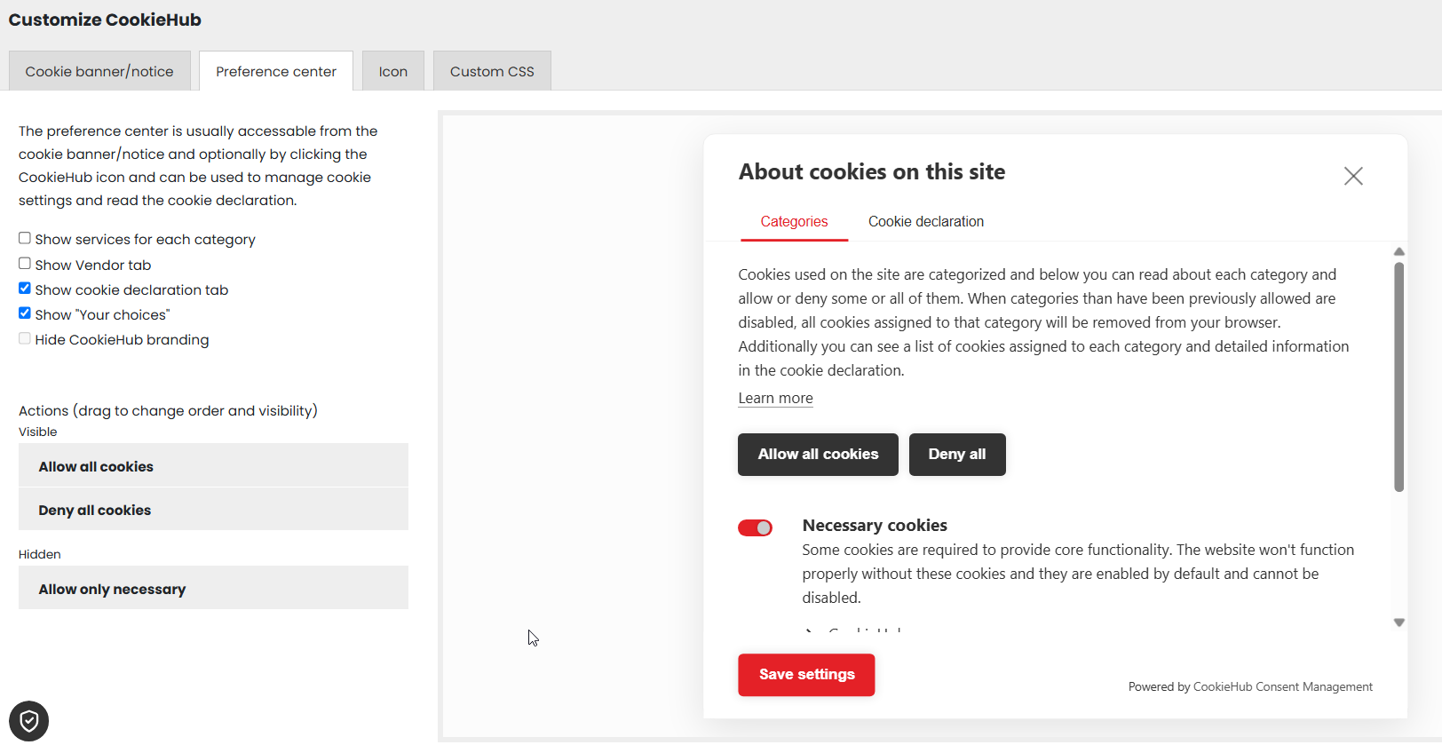 CookieHub preference center customization options and preview
