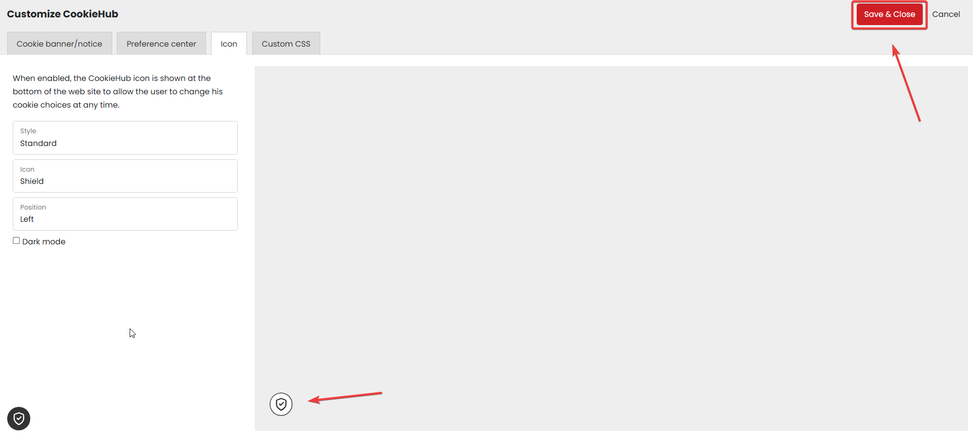CookieHub cookie settings icon style and position options