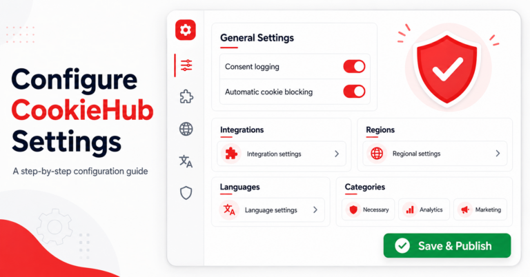 CookieHub settings dashboard with consent integrations languages and cookie categories