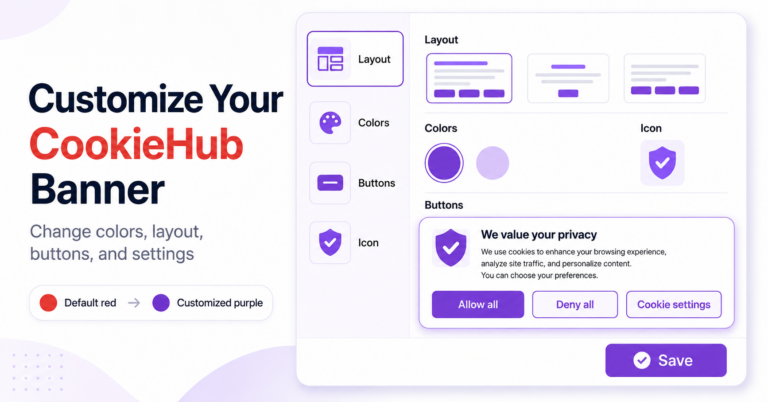 CookieHub banner customization editor with purple consent buttons and design settings