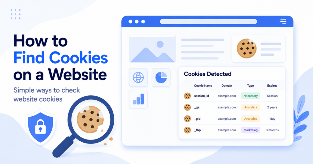 Illustration showing a browser and magnifying glass used to find cookies on a website.