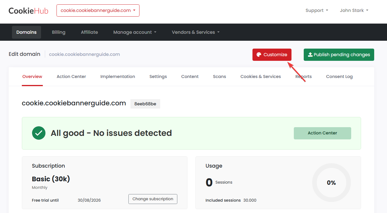 CookieHub dashboard with the Customize button highlighted