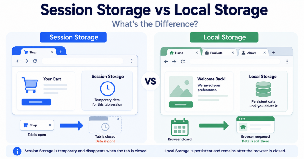 Illustration comparing Session Storage and Local Storage.