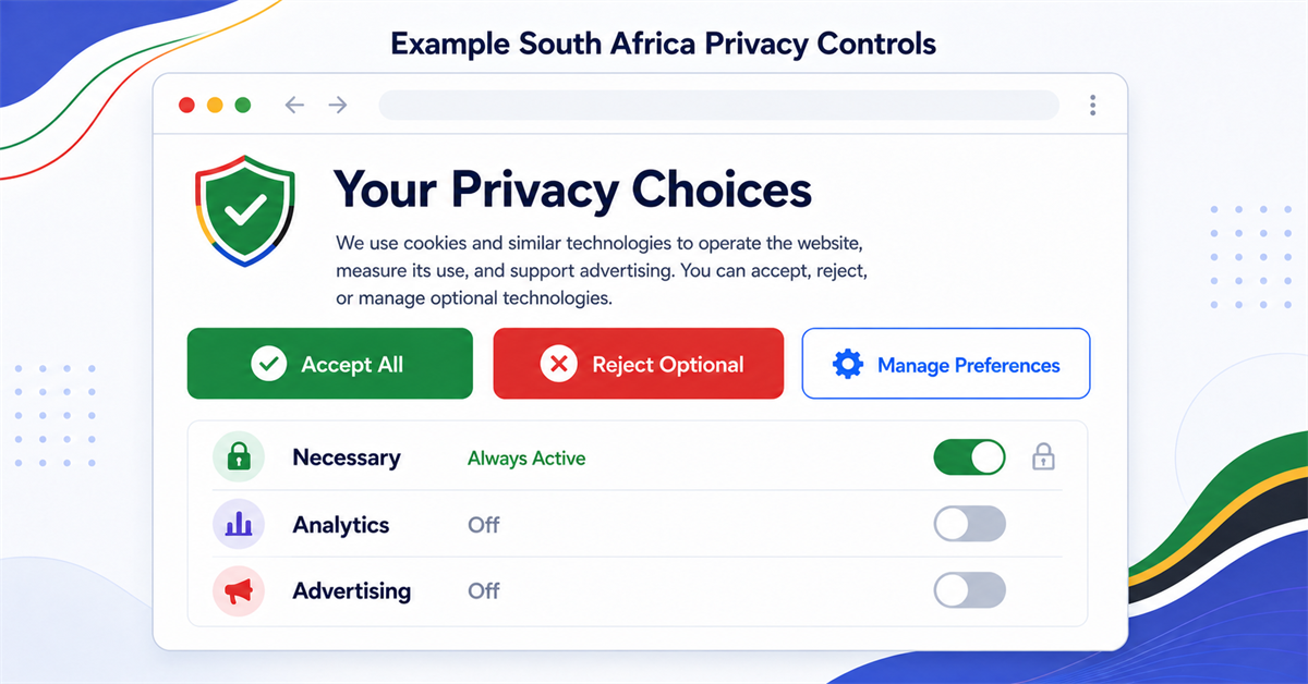 Example South Africa cookie privacy controls with accept, reject, and preference options