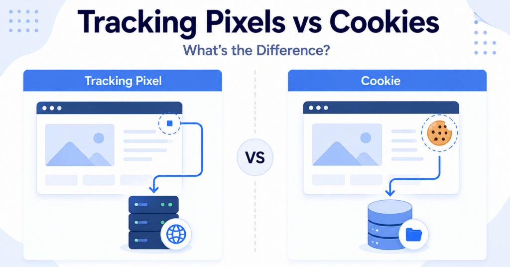 Illustration comparing tracking pixels with browser cookies.