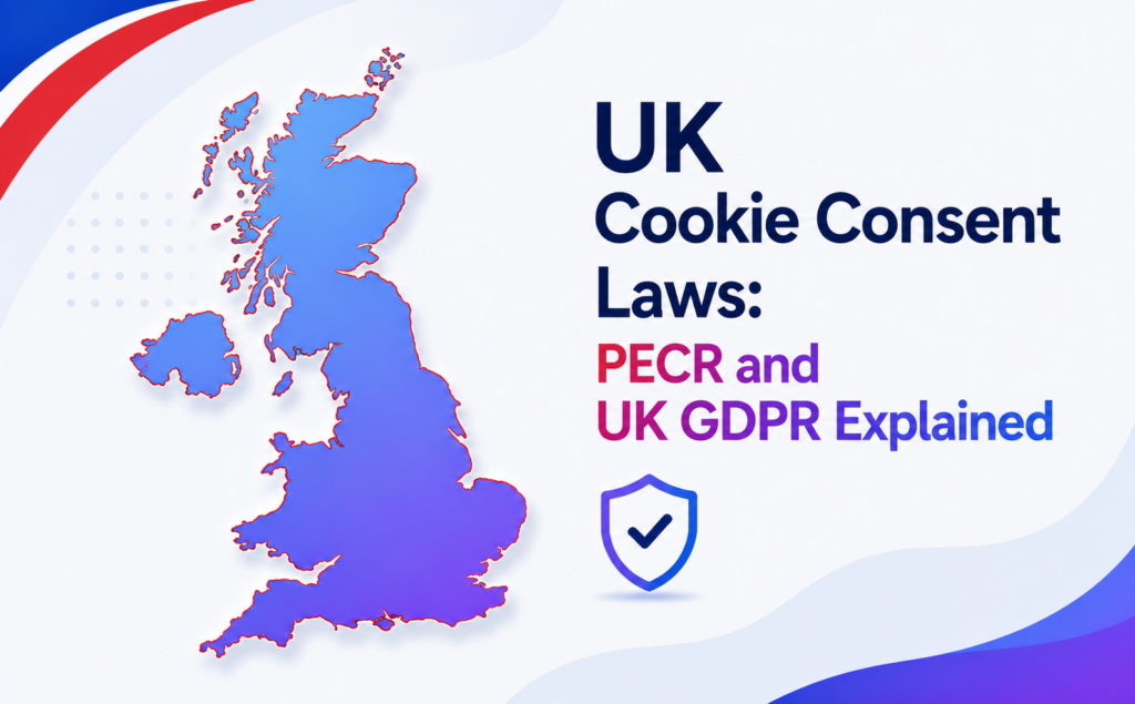 UK map and consent banner illustrating UK cookie consent laws under PECR and the UK GDPR