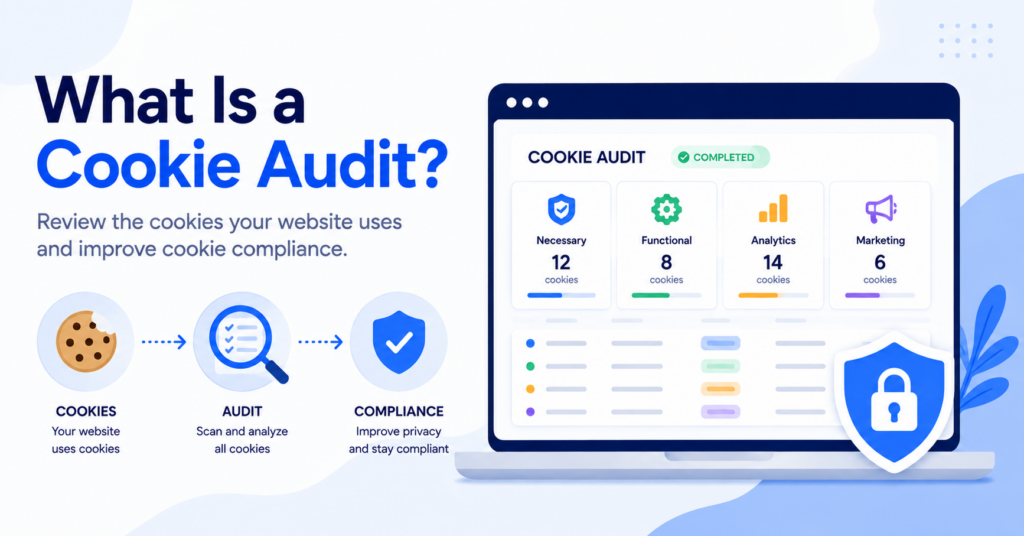 Illustration showing a website cookie audit dashboard with cookie categories and compliance checks.