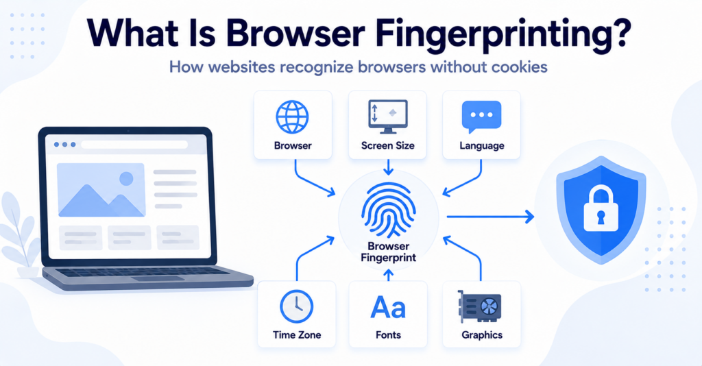 Illustration showing browser and device signals combining into a digital browser fingerprint.