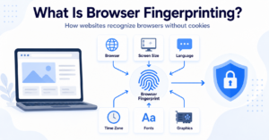 Illustration showing browser and device signals combining into a digital browser fingerprint.