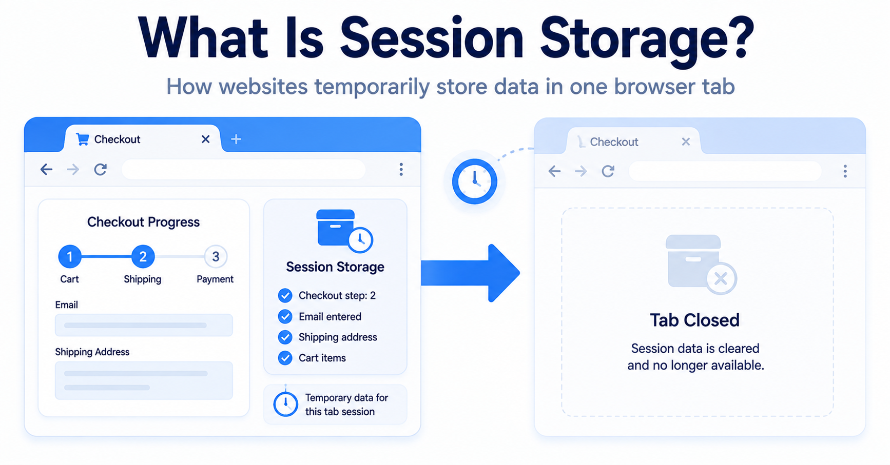 Infographic showing how Session Storage saves temporary data during one browser tab session.