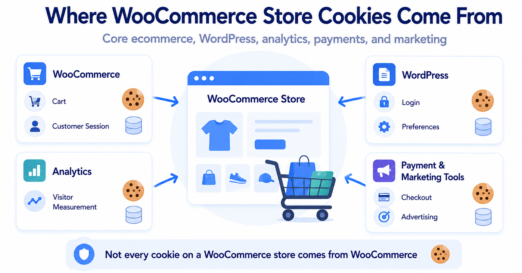 Sources of cookies on a WooCommerce store including WooCommerce, WordPress, analytics, payments, and marketing