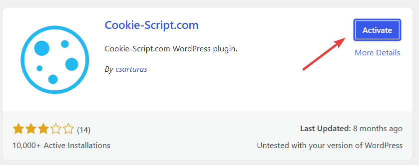 Cookie-Script.com WordPress plugin with the Activate button highlighted