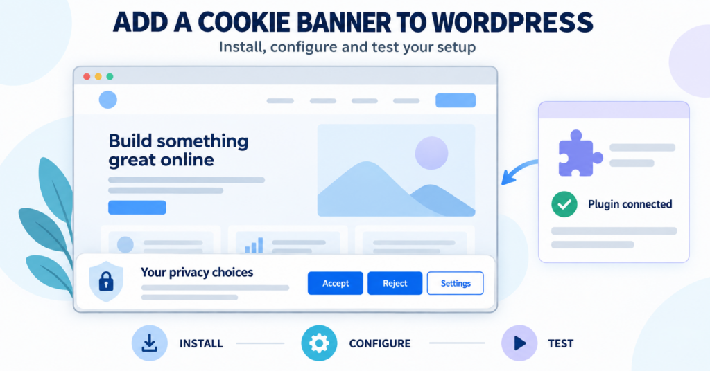 WordPress cookie banner setup illustration with a connected plugin and Accept, Reject and Settings buttons