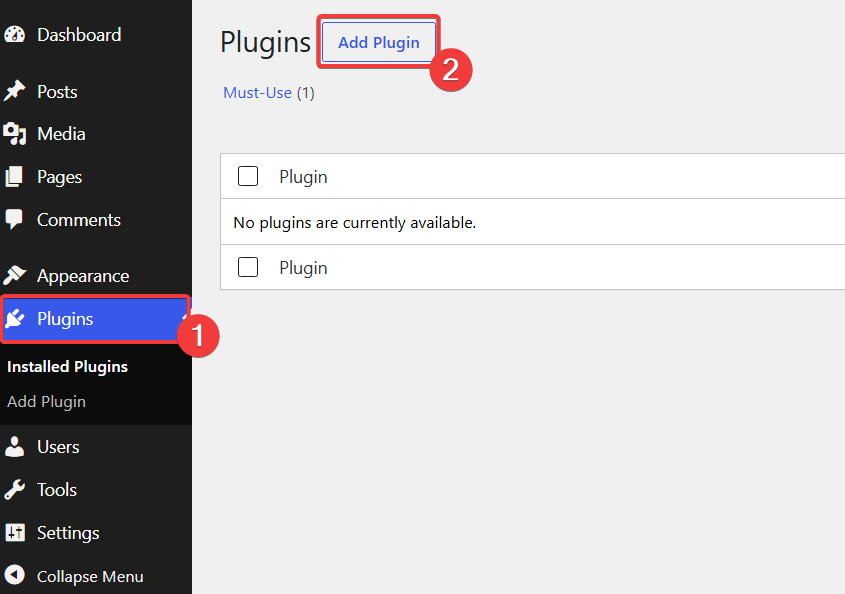 WordPress Plugins menu with the Add Plugin button highlighted