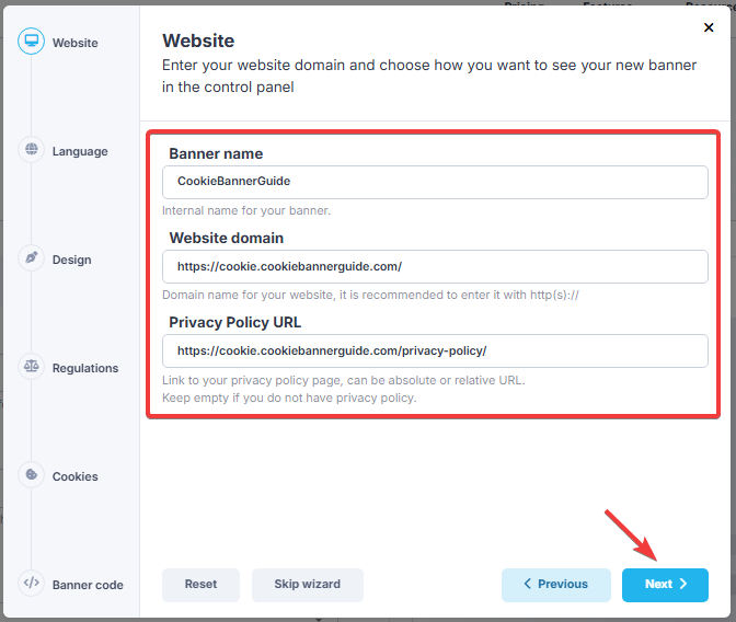 CookieScript setup wizard for adding a website and Privacy Policy URL
