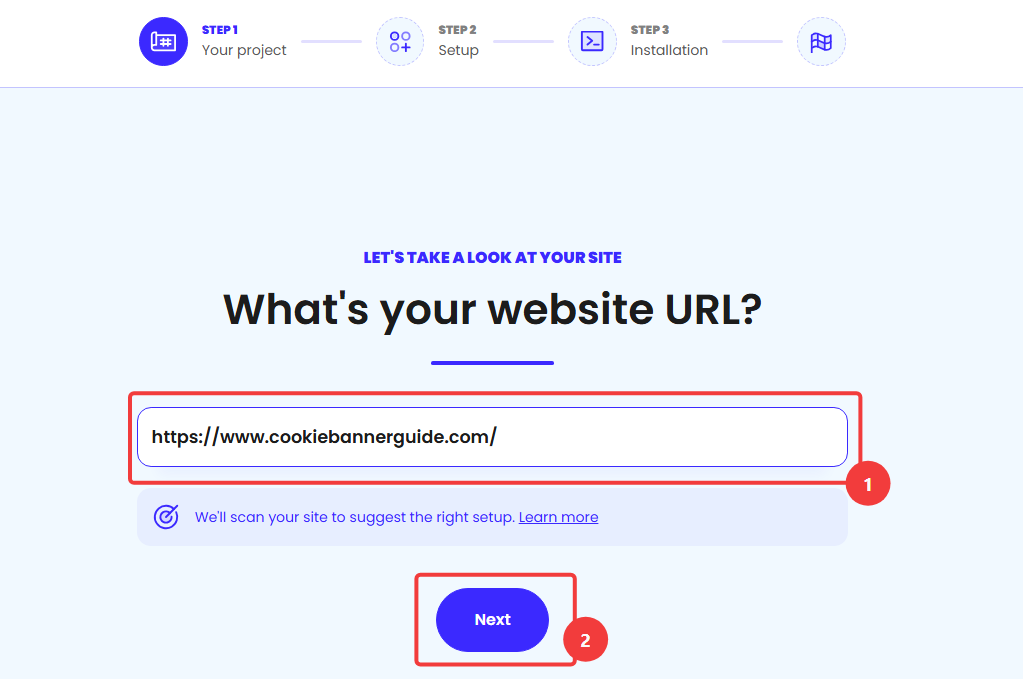 iubenda setup wizard showing the website URL field and Next button