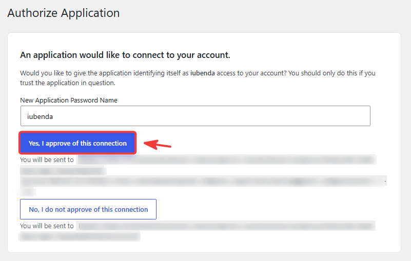 WordPress authorization screen with the connection approval button highlighted