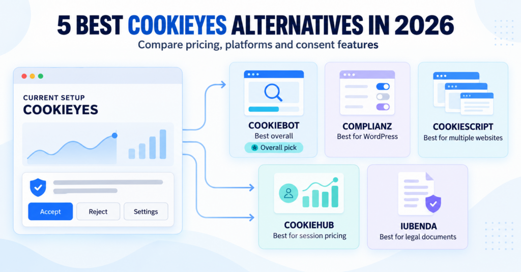 Five CookieYes alternatives compared by website type and pricing model