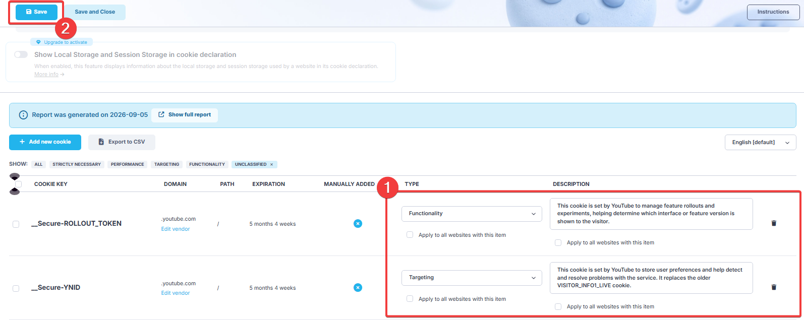 Unclassified CookieScript cookies assigned new categories and descriptions