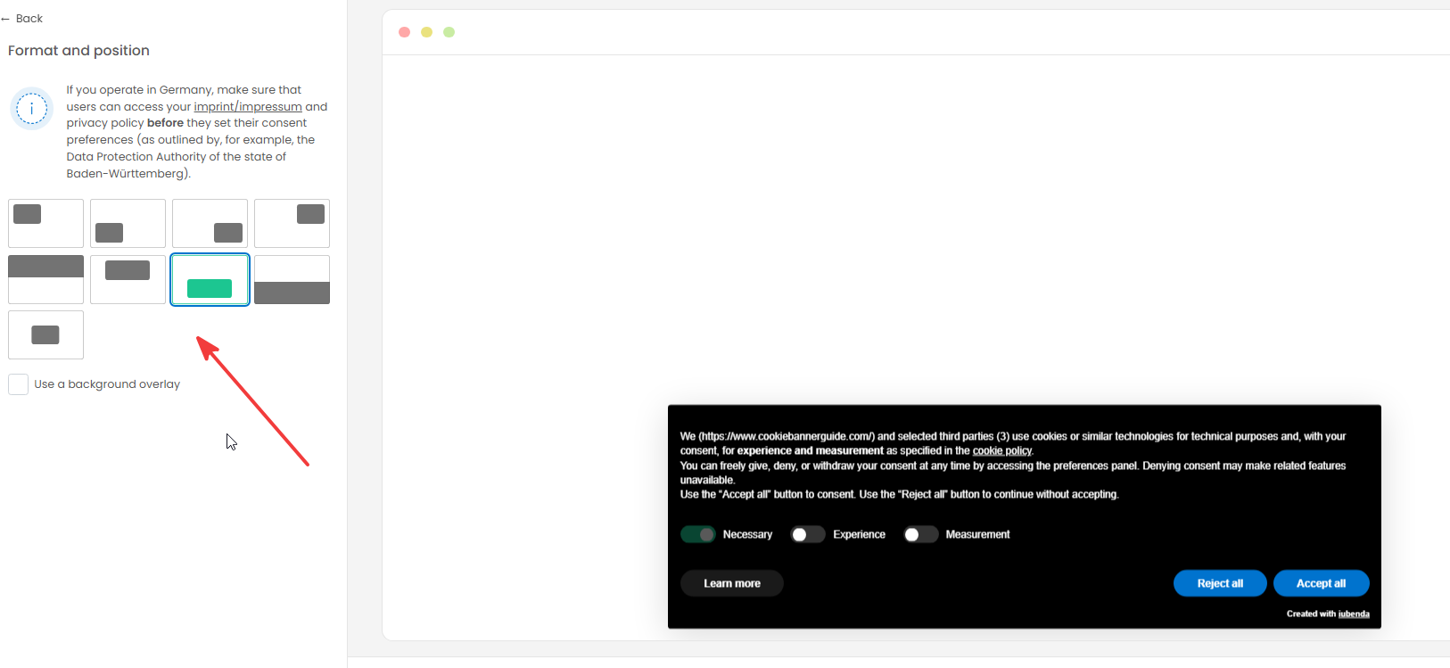 iubenda banner layout choices with a bottom banner selected and preview shown