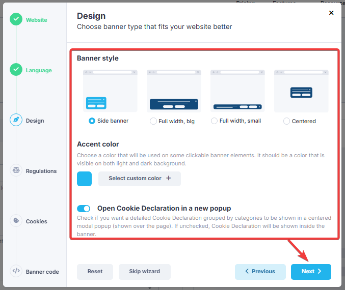 CookieScript banner design options with the side banner selected