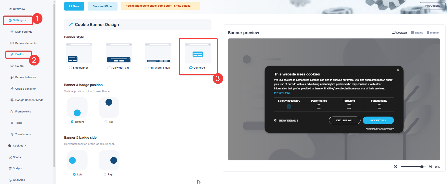 CookieScript banner layout and position settings